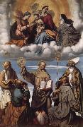 MORETTO da Brescia, Saint Bernardino with Saints Jerome,Joseph,Francis and Nicholas of Bari,Virgin and Child in Glory with Saints Catherine of Alexandria and Clare